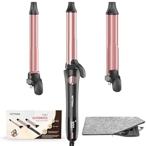 Rotating Curling Iron - 3 in1 Automatic Curling Iron with Interchangeable CurlingWand, 3/4, 1 1/4, 1 Inch CurlingIron for Lasting Beach Waves, Adjustable Temp, Instant Heat, Dual Voltage (Rose Gold)