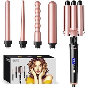 Bo'laiya 5 in 1 Curling Wand Set with Temperature Display, Curling Iron Set with 5 Interchangeable Ceramic Curling Wands, Instant Heat Up, Suitable for All Hair Types (Rose Gold)