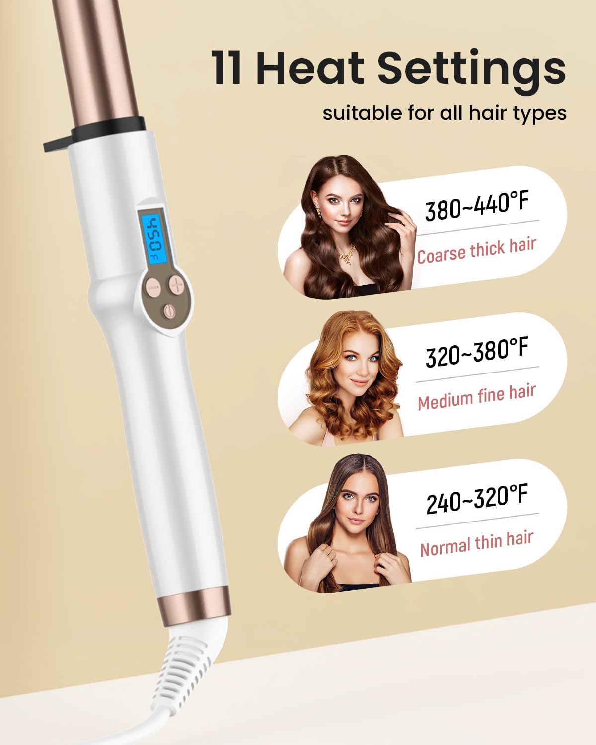 1 Inch Extra Long Barrel Curling Wand, Ceramic Tourmaline Curling Wand Professional Dual Voltage with Adjustable Temperature
