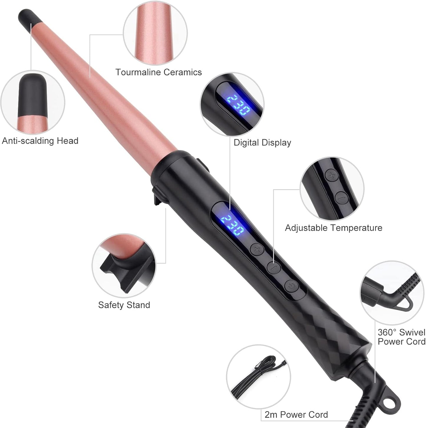 Hair Curling Wand, 0.5-1Inch Tapered Curling Iron, Professional Ceramic Hair Curler Wand with Adjustable Digital Temperature, Dual Voltage, Auto Shut-Off