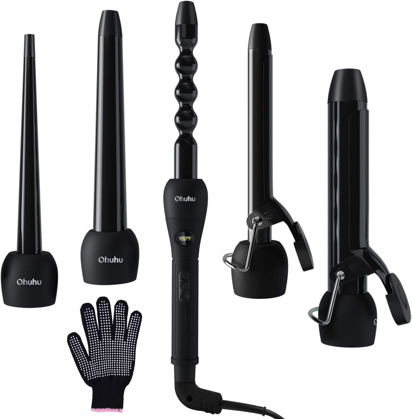 5 in 1 Curling Wand Set: Ohuhu Curling Iron Wand LCD Temperature Display 5Pcs 0.35 to 1.25 Inch Interchangeable Ceramic Barrel Heat Protective Glove for Girls Women Mother Gift Black
