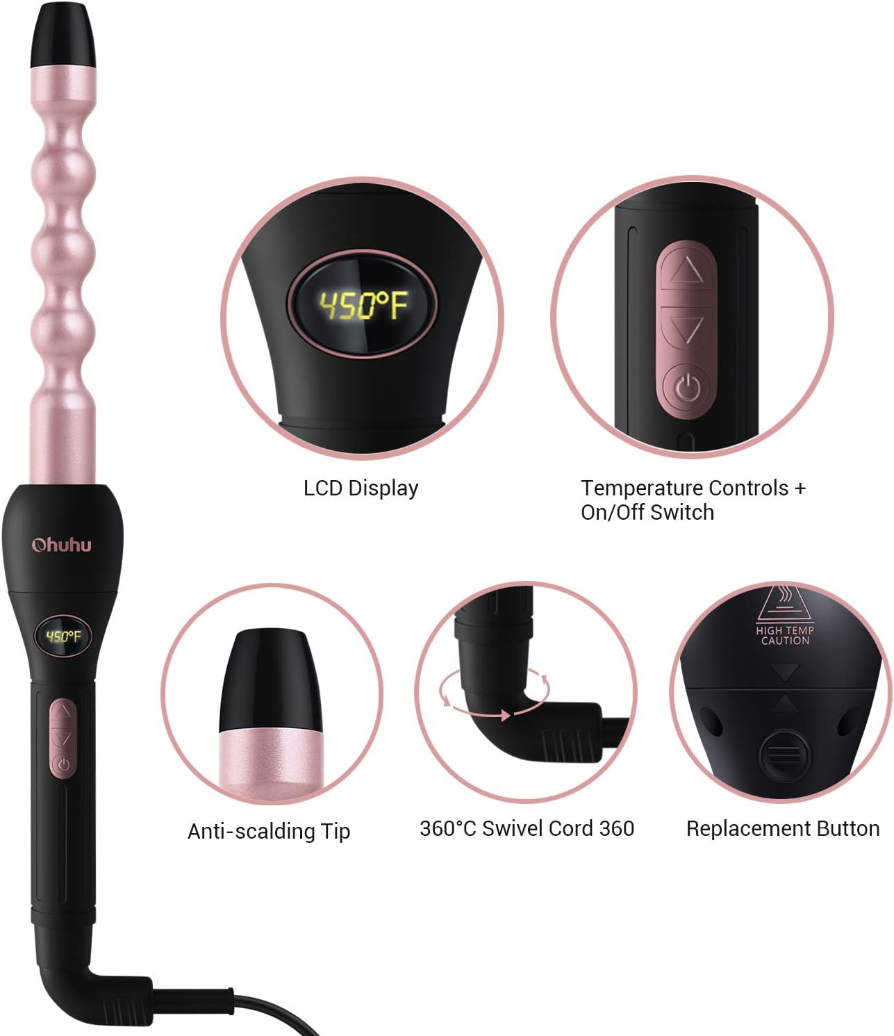 5 in 1 Curling Wand Set: Ohuhu Curling Iron Wand LCD Temperature Display 5Pcs 0.35 to 1.25 Inch Interchangeable Ceramic Barrel Heat Protective Glove for Girls Women Mother Gift Rose Gold