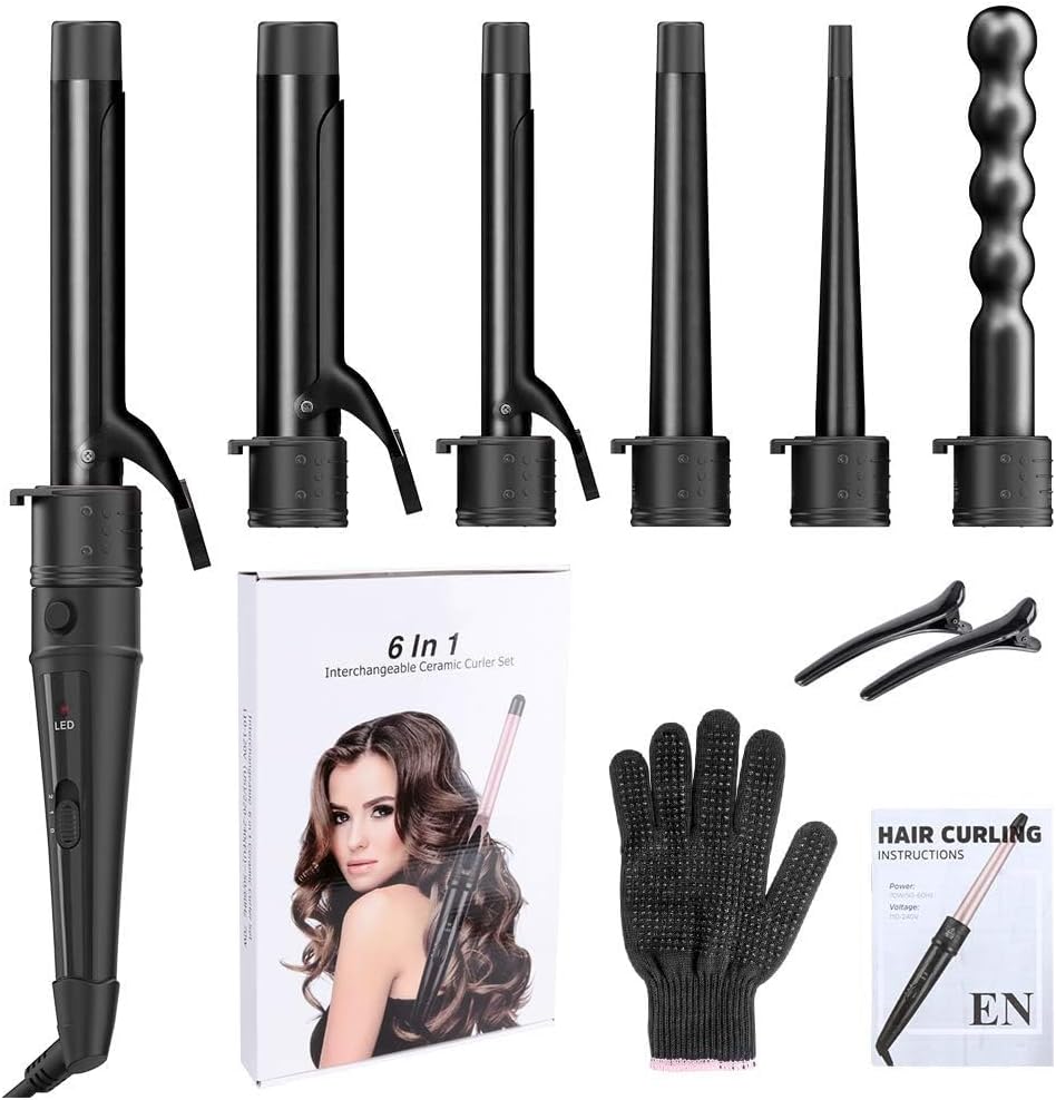 6-in-1 Curling Iron, Professional Instant Heat Up Hair Curling Wand Set with 6 Interchangeable Ceramic Barrels (0.35'' to 1.25'') and 2 Temperature Adjustments, Heat Protective Glove & 2 Clips