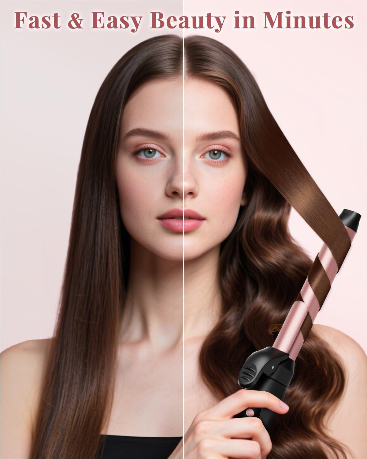 Ufree Automatic Rotating Curling Iron – 1 Inch Ceramic Barrel Curling Wand for Medium to Long Hair & Beach Waves, Self-Spinning Hair Curler with LCD Display 250°F–430°F, Dual Voltage, Rose Gold