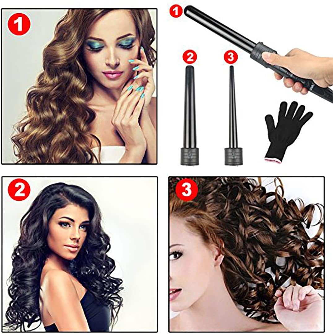 iMissiu Tourmaline 3 in 1 Curling Wand Set with 3 Interchangeable Curling Iron Ceramic Barrels with Heat Resistant Glove – Black