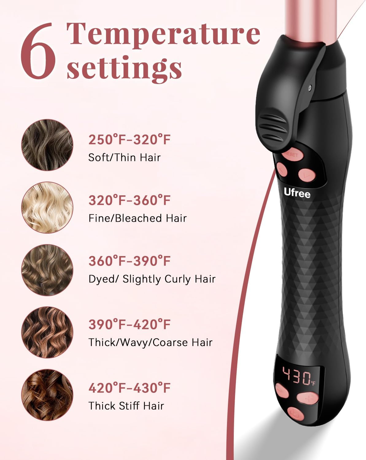 Ufree Automatic Rotating Curling Iron – 1 Inch Ceramic Barrel Curling Wand for Medium to Long Hair & Beach Waves, Self-Spinning Hair Curler with LCD Display 250°F–430°F, Dual Voltage, Rose Gold