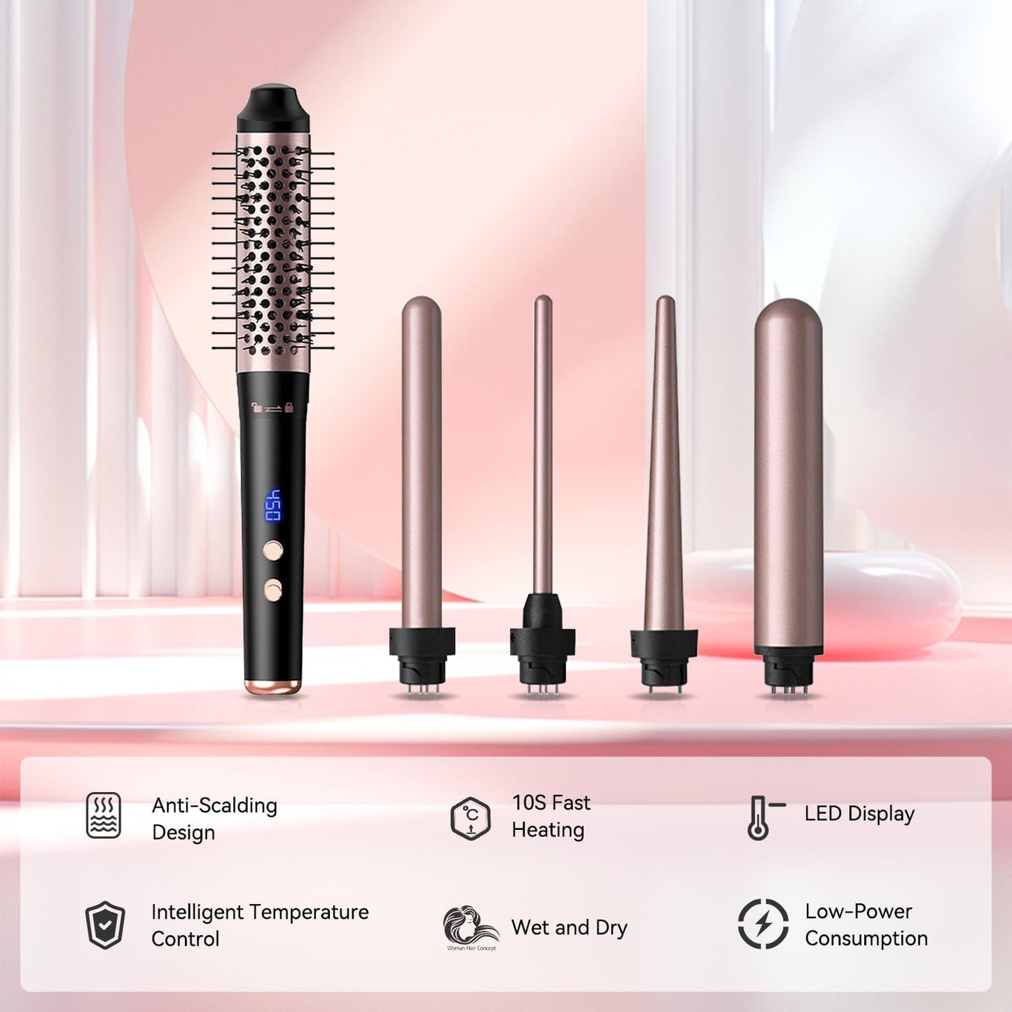 5 in 1 Curling Wand Set, Waver Curling Iron with Curling Brush and 4 Interchangeable Ceramic Curling Wand (0.35”-1.25”) for Women, Fast Heat Up Hair Curler Include Heat Protective Glove