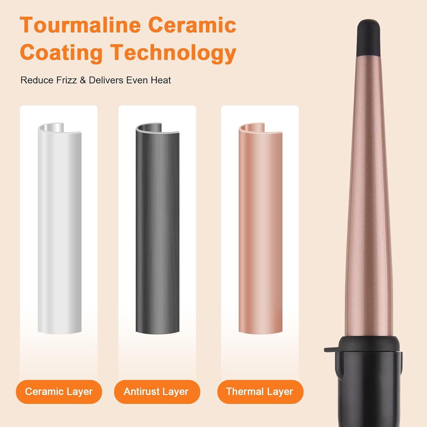 Tapered Curling Wand 1/2-Inch to 1-Inch Tourmaline Ceramic Barrel Professional Wand Curling Iron for Short Medium Long Hair Two Temperature Settings Dual Voltage Auto Shut-Off