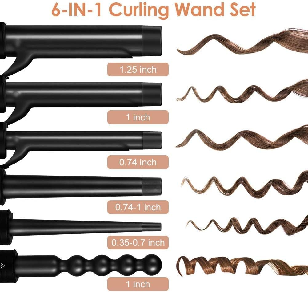 6-in-1 Curling Iron, Professional Instant Heat Up Hair Curling Wand Set with 6 Interchangeable Ceramic Barrels (0.35'' to 1.25'') and 2 Temperature Adjustments, Heat Protective Glove & 2 Clips