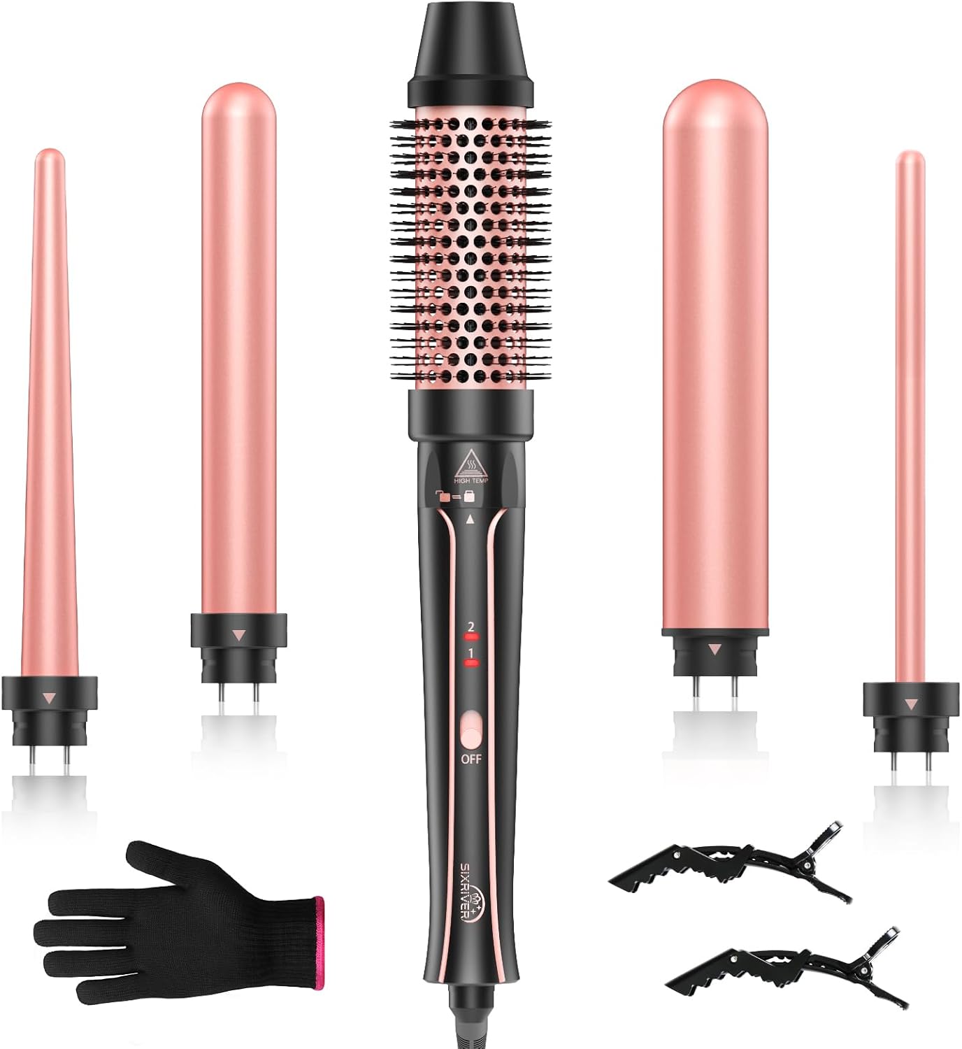 5 in 1 Curling Iron, Sixriver Hair Curling Wand Set with Curling Thermal Brush&4 Interchangeable Ceramic Curling Wand(0.4”-1.25”), Long Lasting Curls, Fast Heating Hair Wand Curler with Glove&2 Clips