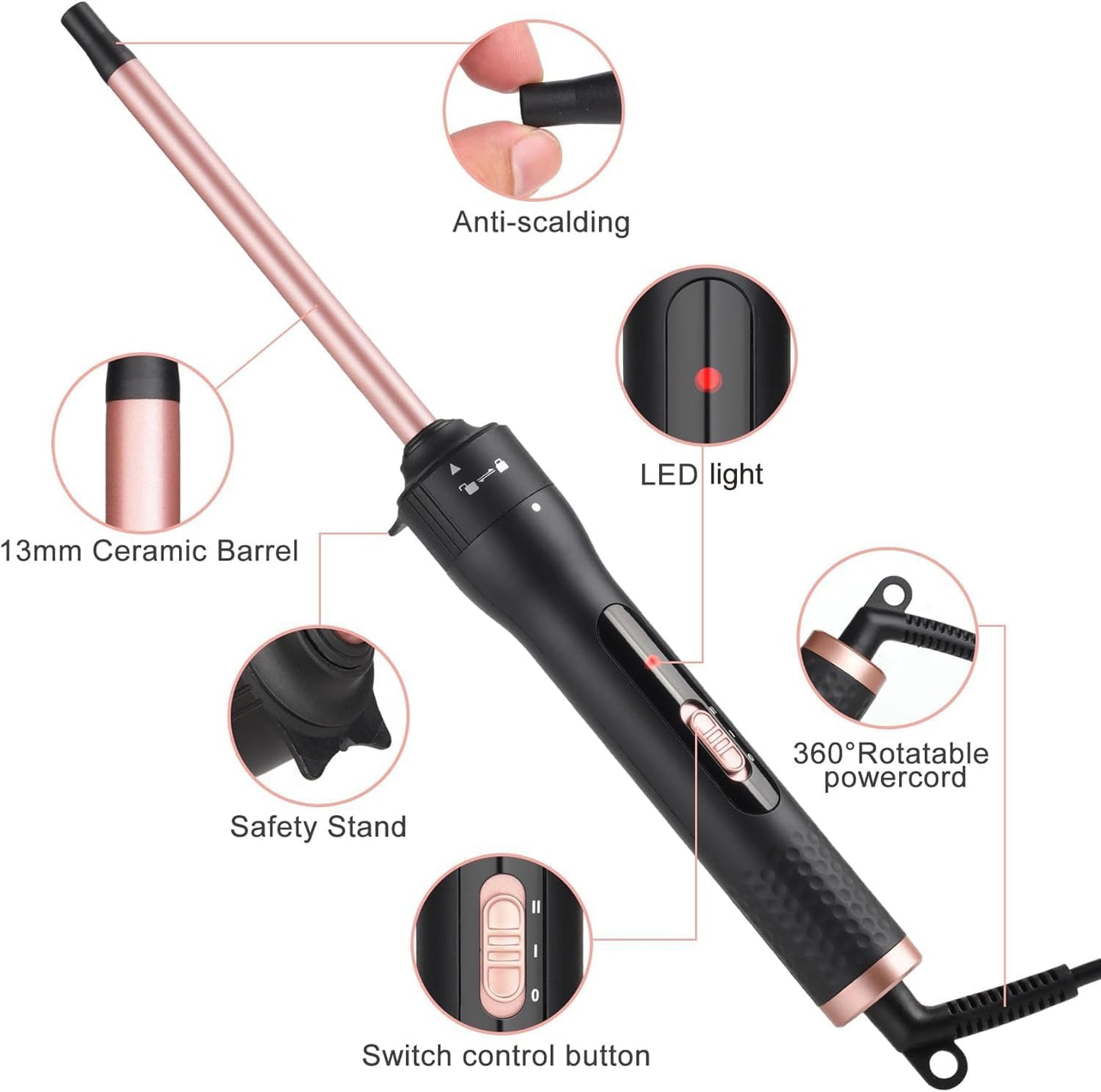 Curling Wand Professional Ceramic Hair Curling Iron 13mm for Short to Long Hair Styler Curler with Glove, Rapid Heating, Dual Voltage