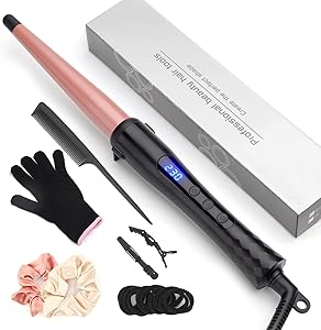 Hair Curling Wand, 0.5-1Inch Tapered Curling Iron, Professional Ceramic Hair Curler Wand with Adjustable Digital Temperature, Dual Voltage, Auto Shut-Off