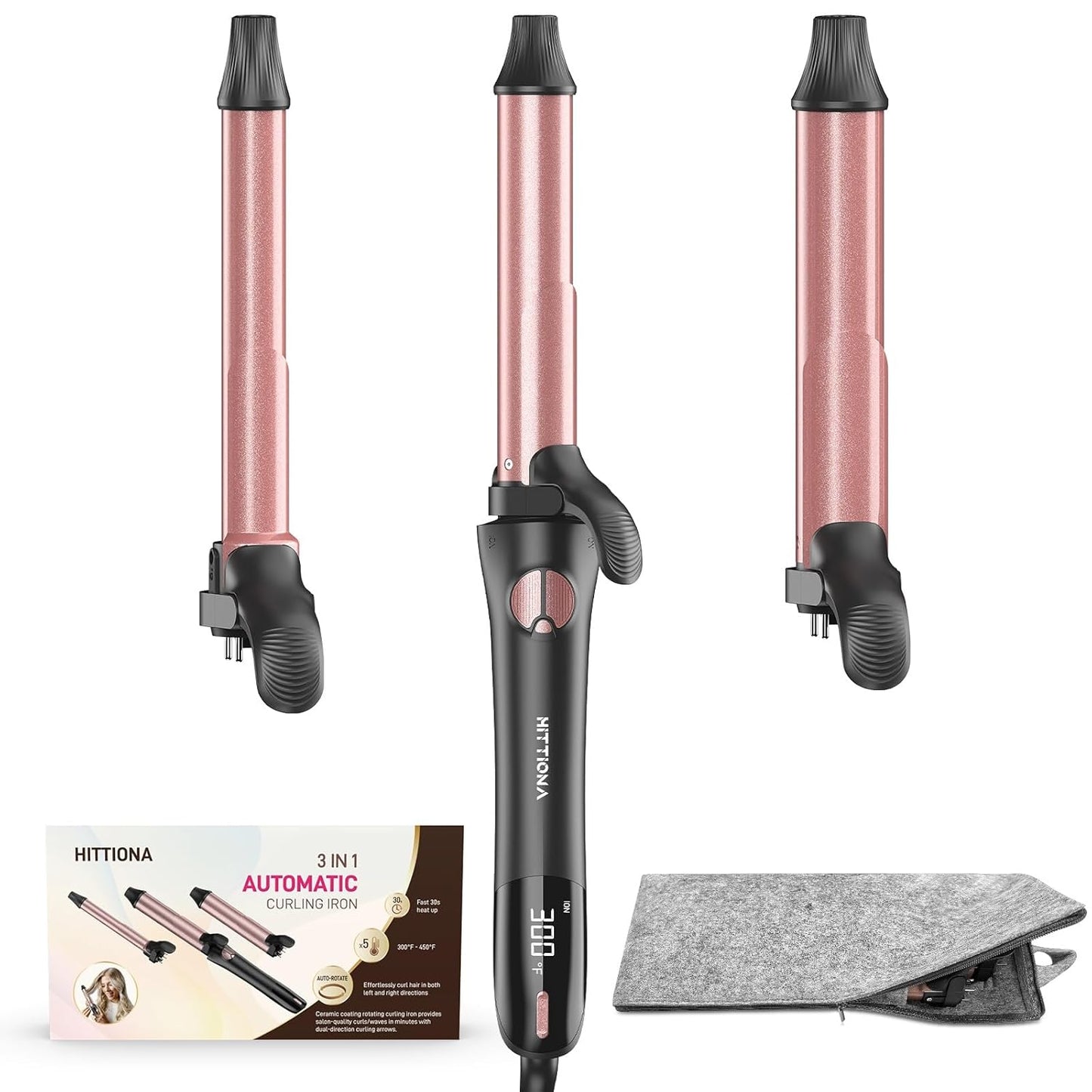 Rotating Curling Iron - 3 in1 Automatic Curling Iron with Interchangeable CurlingWand, 3/4, 1 1/4, 1 Inch CurlingIron for Lasting Beach Waves, Adjustable Temp, Instant Heat, Dual Voltage (Rose Gold)