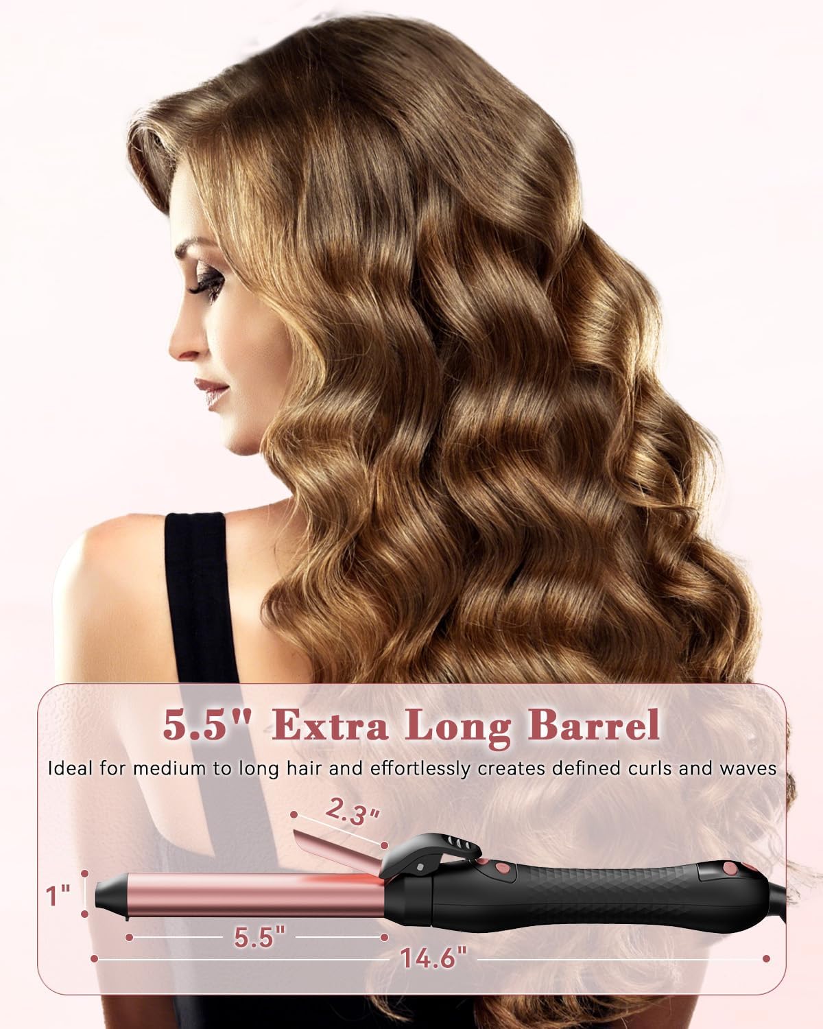 Ufree Automatic Rotating Curling Iron – 1 Inch Ceramic Barrel Curling Wand for Medium to Long Hair & Beach Waves, Self-Spinning Hair Curler with LCD Display 250°F–430°F, Dual Voltage, Rose Gold