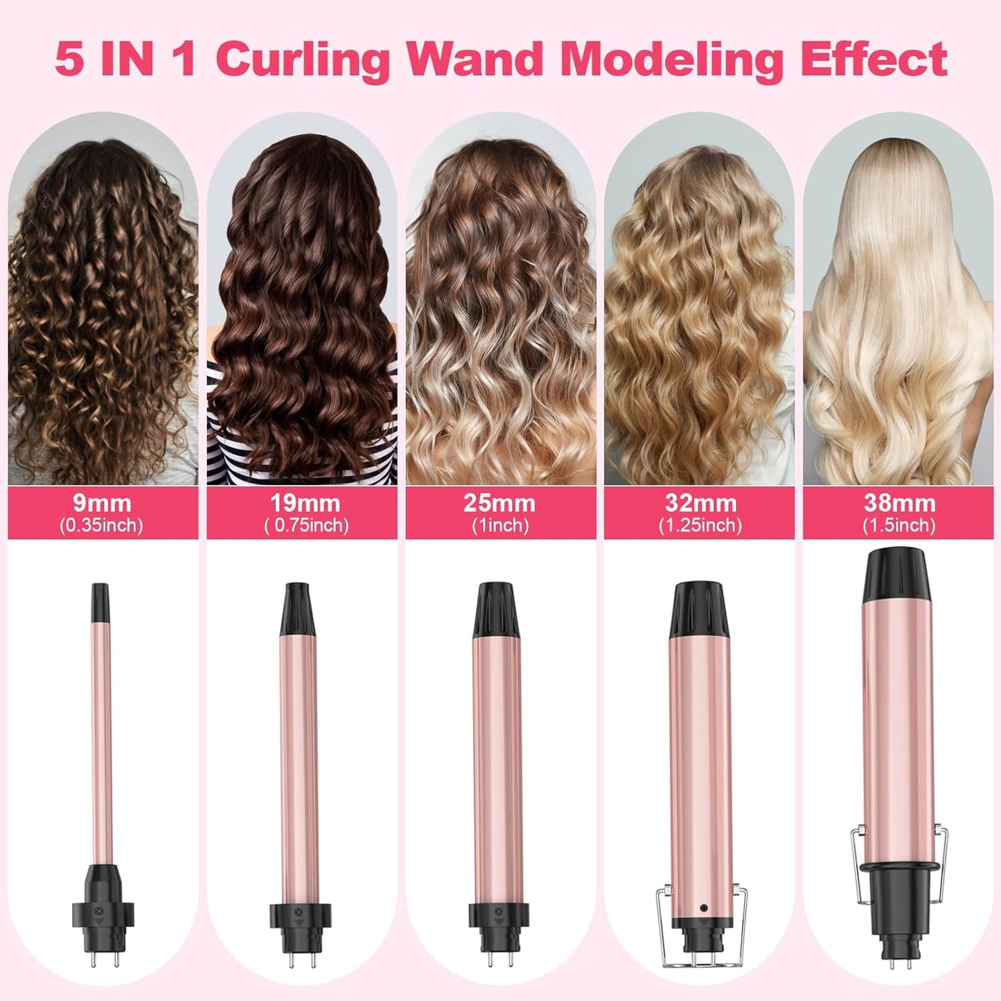 Curling Iron Set,Hair Curler Wand and Waver 0.35 inch to 1.5 inch Hair Crimper Hair Styler Tool for Hair Tool Wand Curler (Pink)