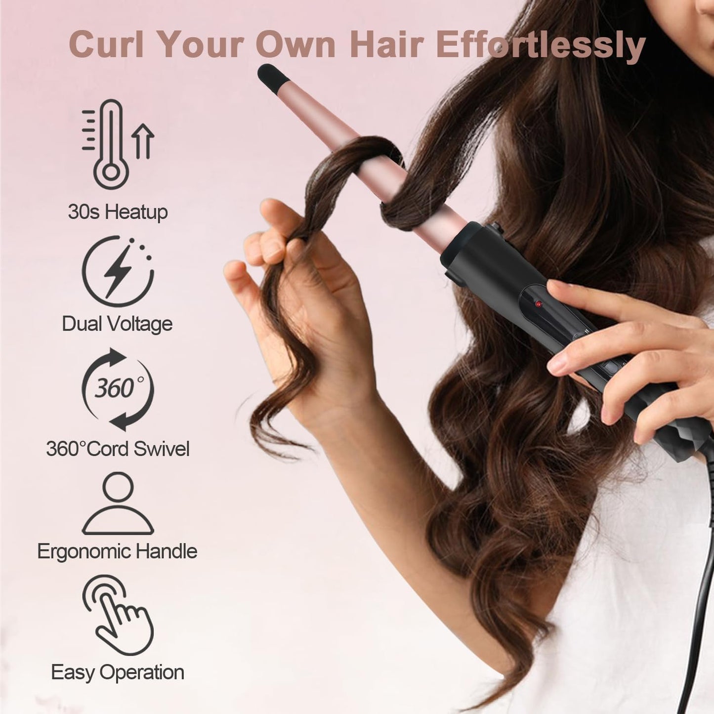 Hair Curling Wand, 1/2-1 Inch Tapered Curling Iron, Professional Ceramic Hair Curler Wand for Long & Short Hair, Curling Iron with 2 Temperature, Include Heat Protective Glove-Pink