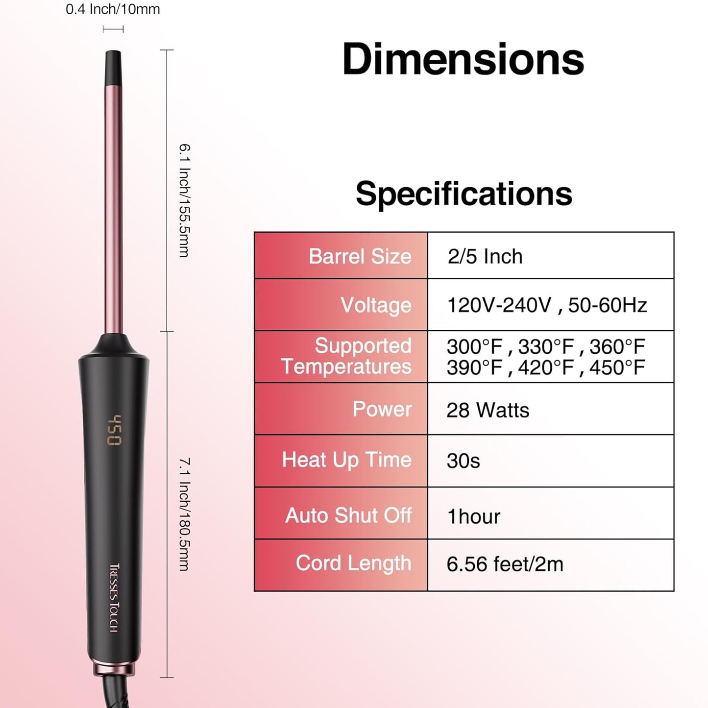 Small Curling Iron 2/5 Inch, Tresses Touch Curling Iron Wand for Short & Long Hair, 10 mm Ceramic Small Barrel Hair Curler with Adjustable Temperature, Include Heat Resistant Glove & Clip (Rose Gold)