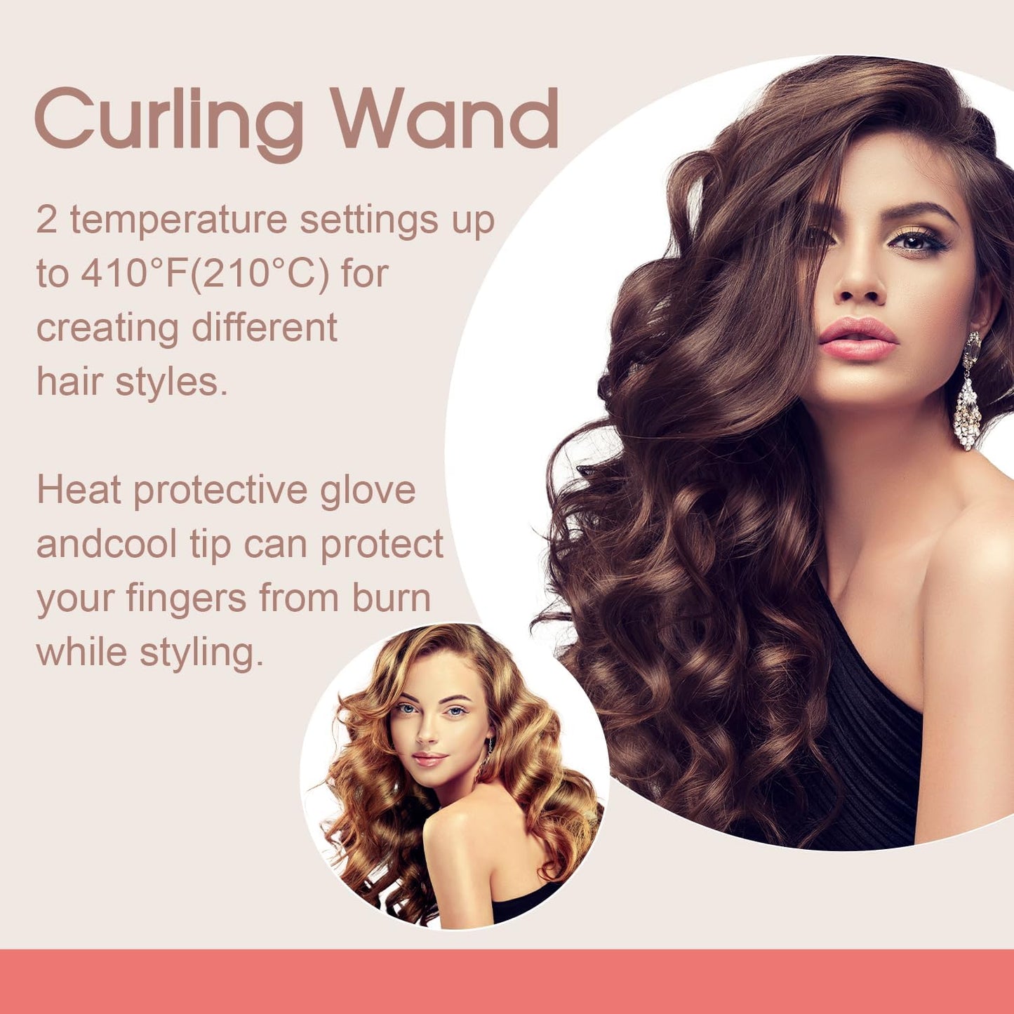 Hair Curling Wand, 1/2-1 Inch Tapered Curling Iron, Professional Ceramic Hair Curler Wand for Long & Short Hair, Curling Iron with 2 Temperature, Include Heat Protective Glove-Pink