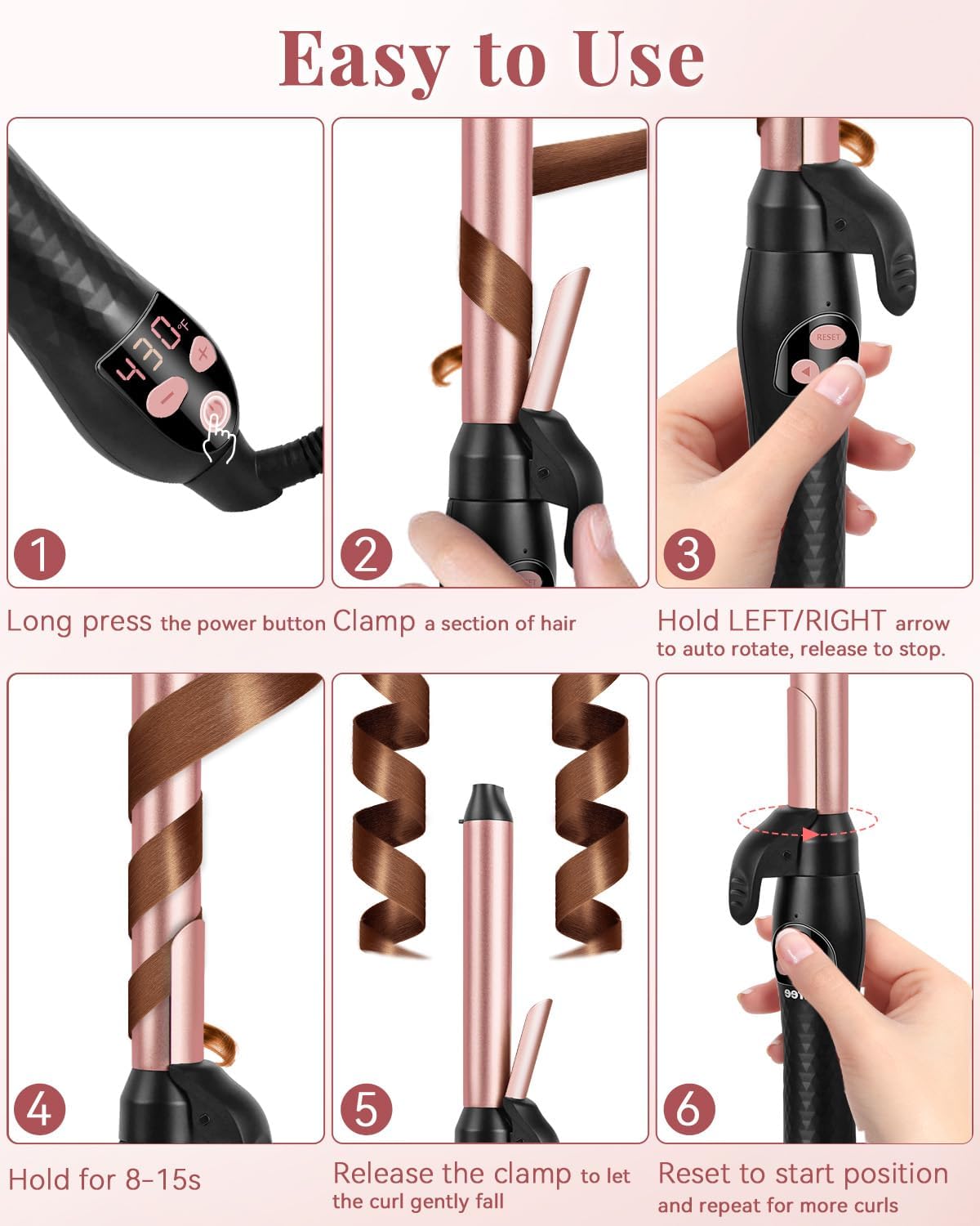 Ufree Automatic Rotating Curling Iron – 1 Inch Ceramic Barrel Curling Wand for Medium to Long Hair & Beach Waves, Self-Spinning Hair Curler with LCD Display 250°F–430°F, Dual Voltage, Rose Gold