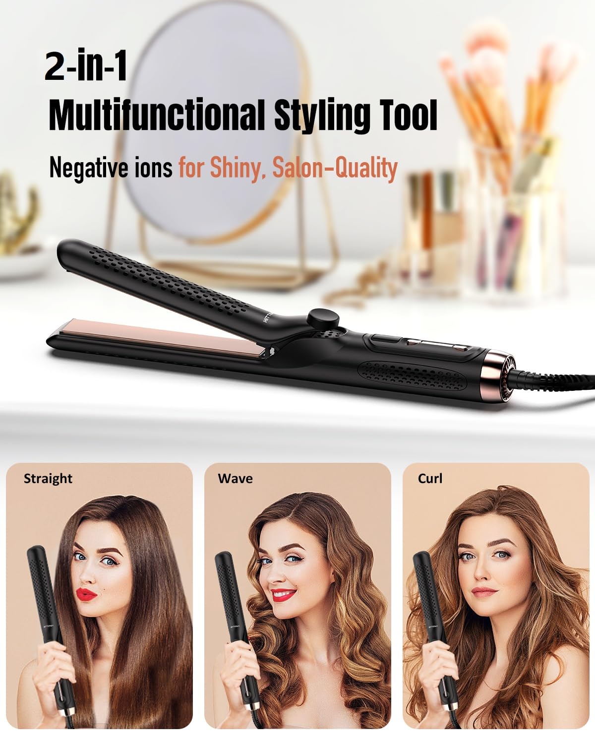 360° Airflow Styler Curling Iron - 1.25 Inch Hair Straightener and Curler 2 in 1 with Vented Cool Air to Lock in Style, Extra Long Flat Iron Curling Wand, 5 Temps & Dual Voltage for Travel