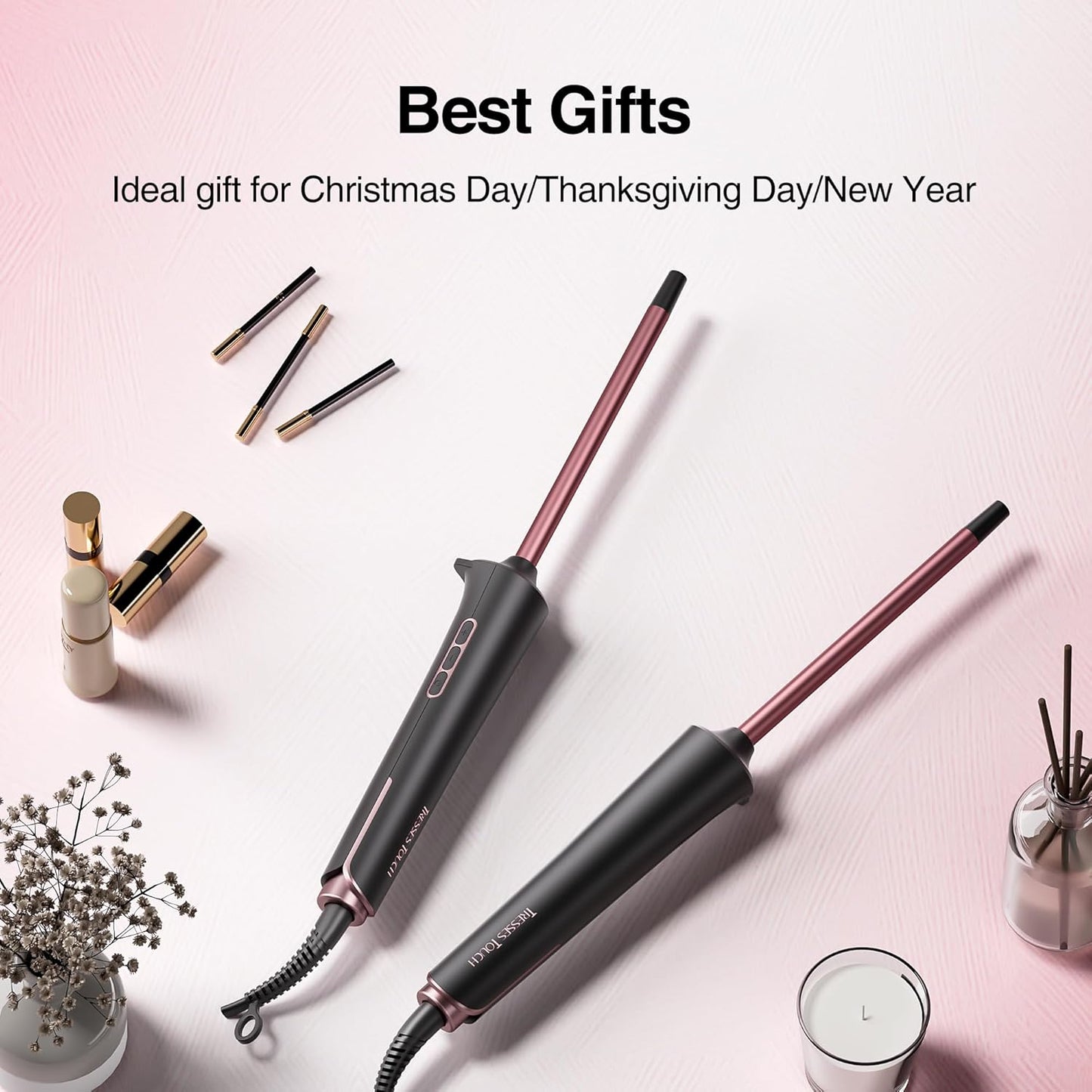 Small Curling Iron 2/5 Inch, Tresses Touch Curling Iron Wand for Short & Long Hair, 10 mm Ceramic Small Barrel Hair Curler with Adjustable Temperature, Include Heat Resistant Glove & Clip (Rose Gold)