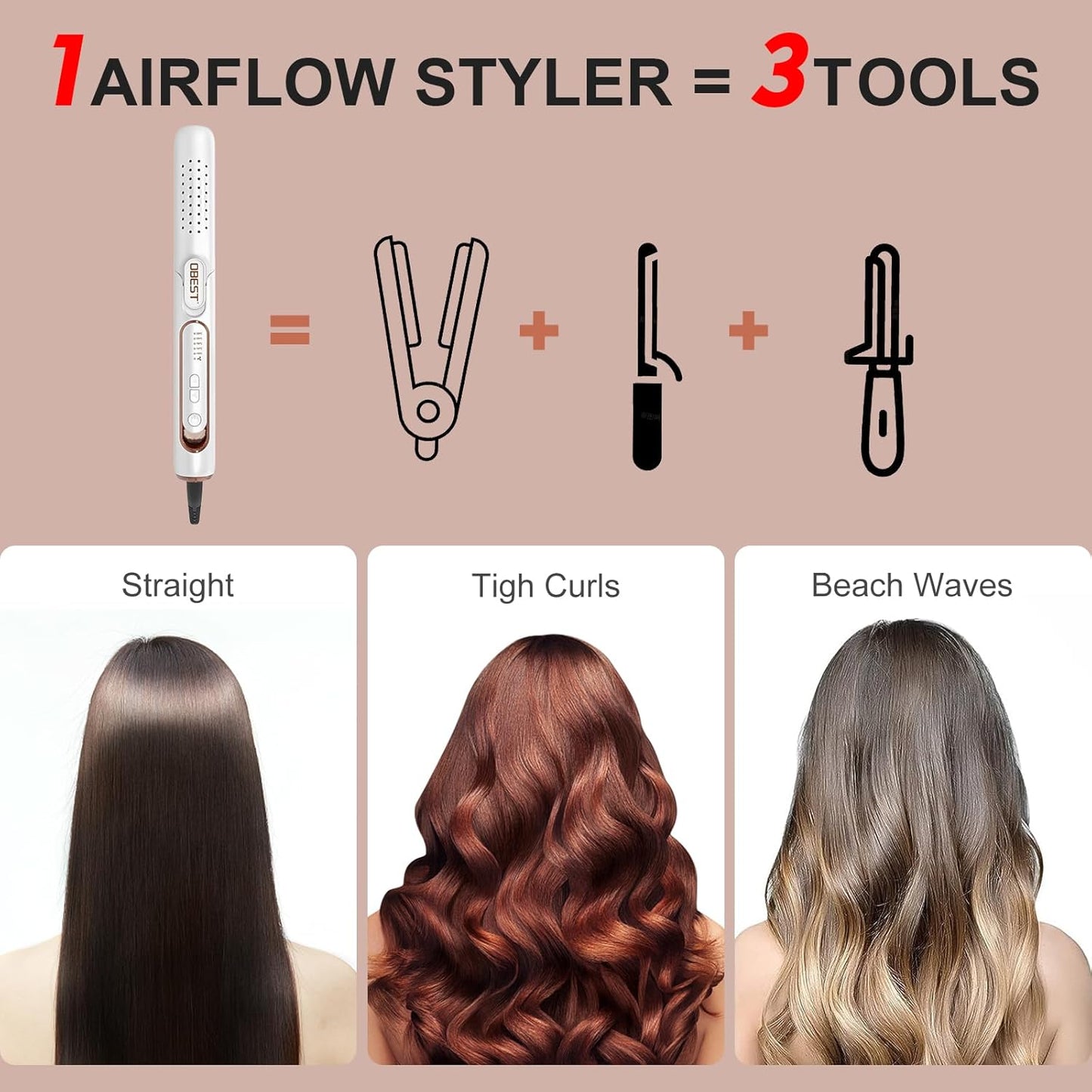 OBEST 360° Airflow Styler | 2-in-1 Curling Wand & Flat Iron Professional Hair Straightener and Curler with Cooling Air Vents to Lock in Style, Adjustable Temp,Dual Voltage Portable for Travel (White)