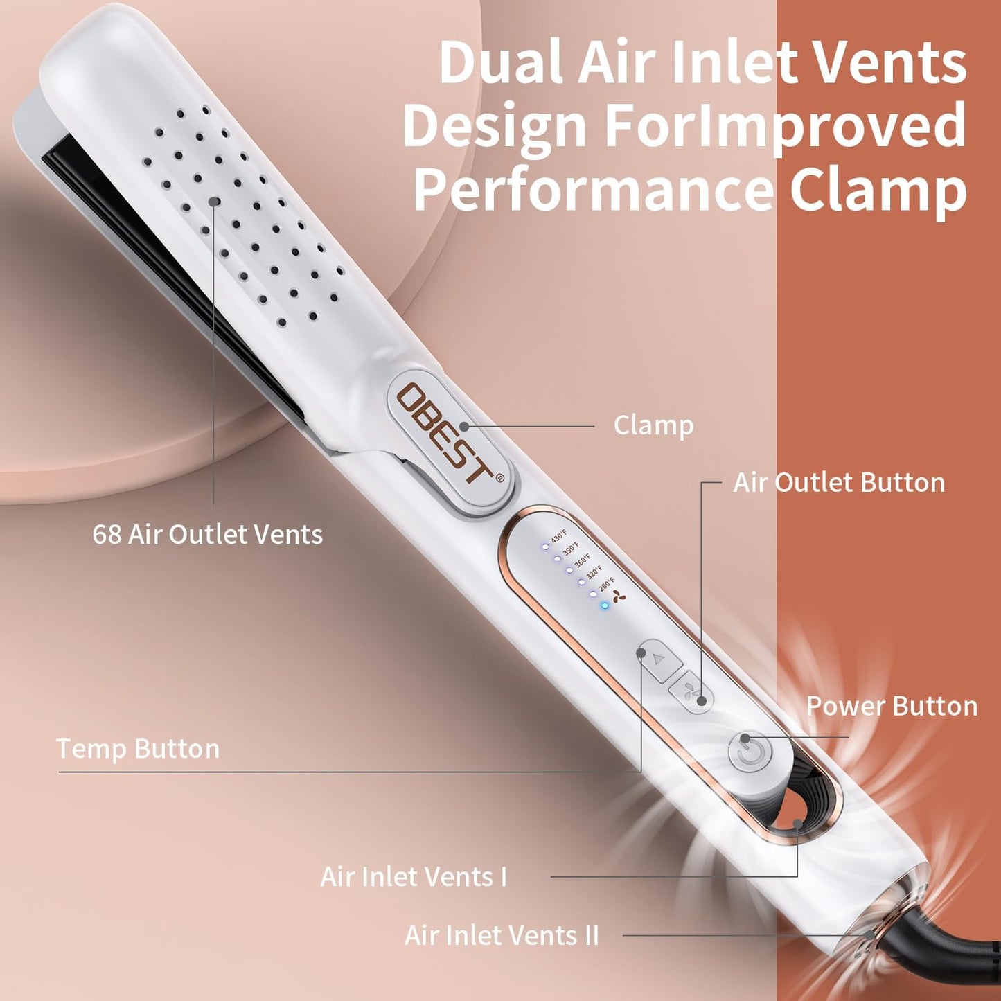 OBEST 360° Airflow Styler | 2-in-1 Curling Wand & Flat Iron Professional Hair Straightener and Curler with Cooling Air Vents to Lock in Style, Adjustable Temp,Dual Voltage Portable for Travel (White)