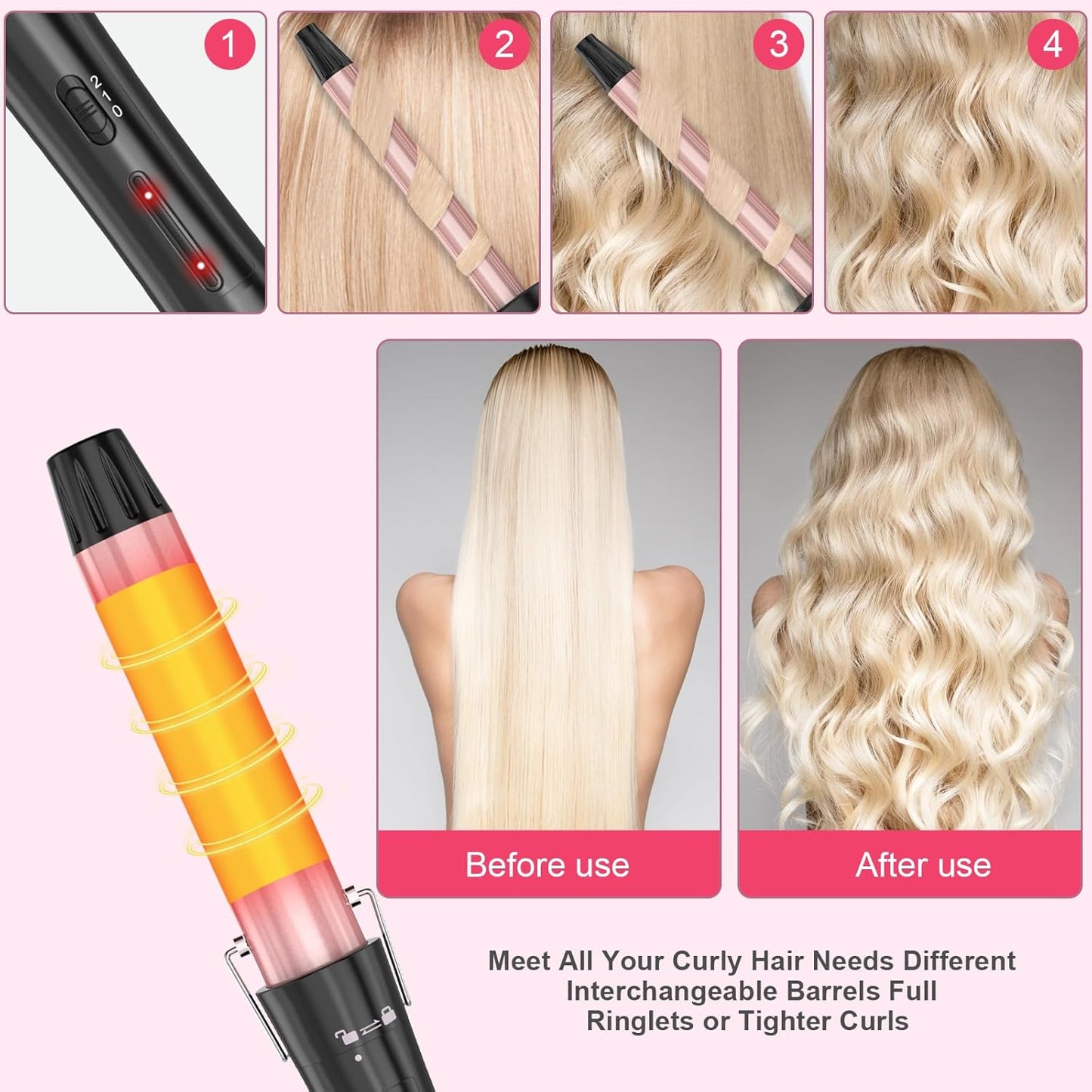 Curling Iron Set,Hair Curler Wand and Waver 0.35 inch to 1.5 inch Hair Crimper Hair Styler Tool for Hair Tool Wand Curler (Pink)