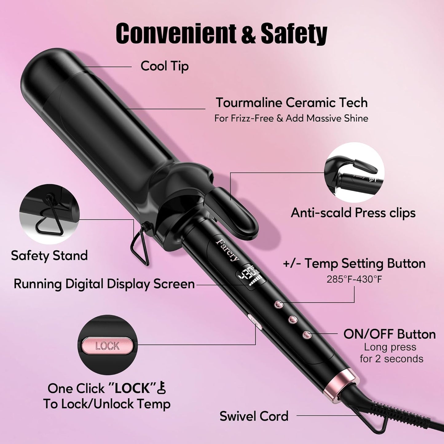 2 inch Curling Iron For Long Hair, Lightweight Large Barrel Curling Iron 2 Inch, Ceramic Curling Wand Infused Argan Oil & Keratin for Bouncy Big Curls, 9 Temps Digital Display & Lock Key, Glove