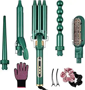 Yinhua Curling Iron Set, 5 in 1 Curling Wand with 4 Interchangeable Ceramic Barrels and 1 Straight Hair Brush, 30S Instant Heat Up, LCD Temp Adjustment, Dual Voltage, Includes Heat Resistant Gloves