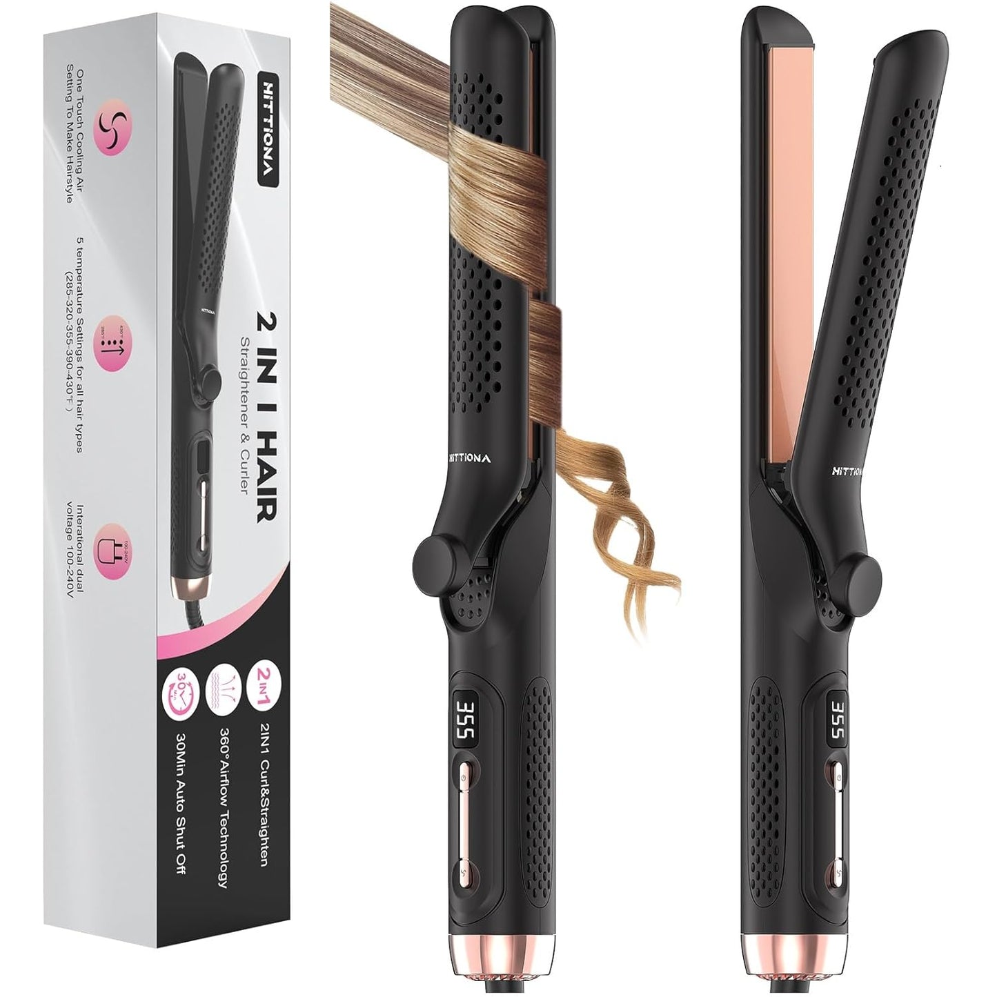 360° Airflow Styler Curling Iron - 1.25 Inch Hair Straightener and Curler 2 in 1 with Vented Cool Air to Lock in Style, Extra Long Flat Iron Curling Wand, 5 Temps & Dual Voltage for Travel