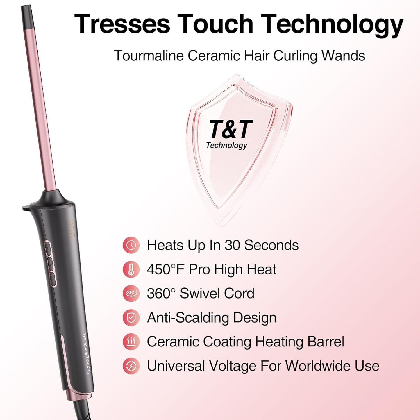 Small Curling Iron 2/5 Inch, Tresses Touch Curling Iron Wand for Short & Long Hair, 10 mm Ceramic Small Barrel Hair Curler with Adjustable Temperature, Include Heat Resistant Glove & Clip (Rose Gold)