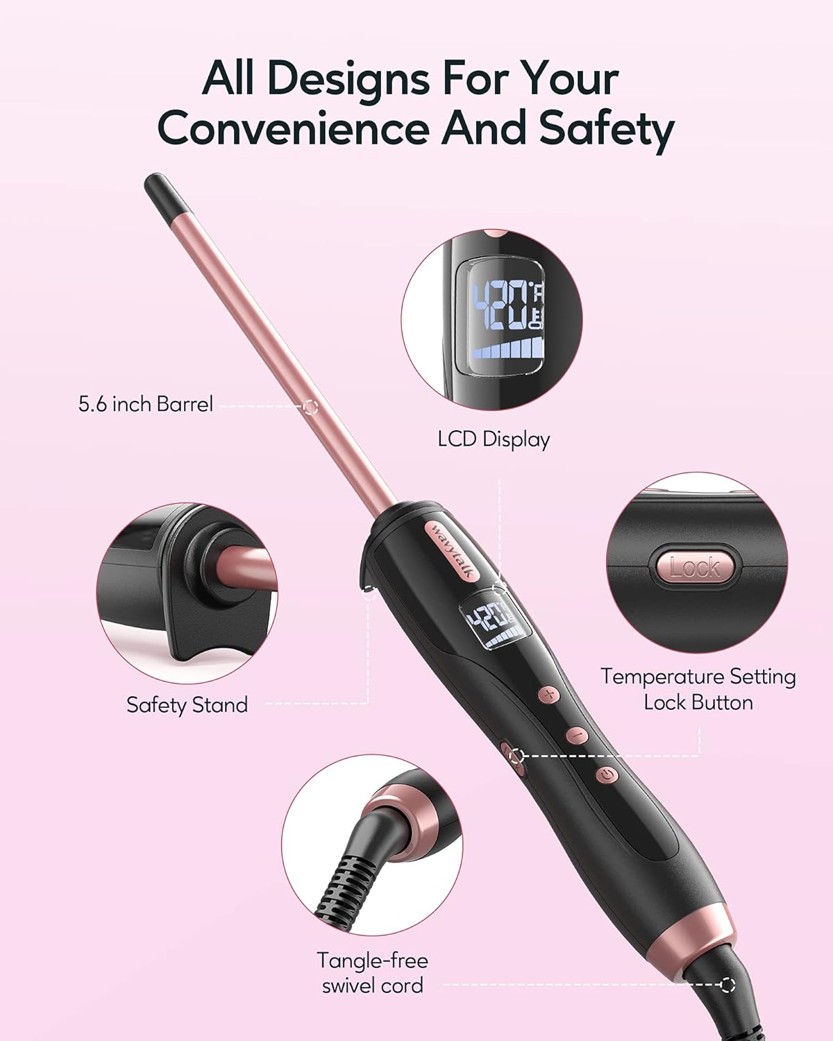 Wavytalk 3/8 Inch Small Curling Iron Wand for Short & Long Hair, Ceramic Barrel with Adjustable Temperature, Heat Resistant Glove Included (Rose Pink)