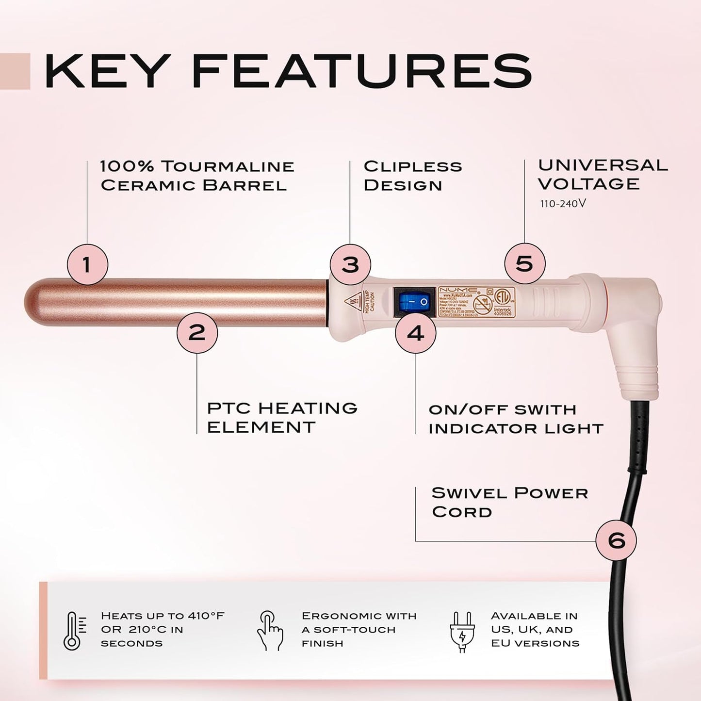 NuMe Classic Curling Wand, Blush | 1-Inch Tourmaline Ceramic Barrel with Far-Infrared Heat & Negative Ions for Frizz-Free, Long-Lasting Waves & Curls – Professional Hair Styling Tool for All Types