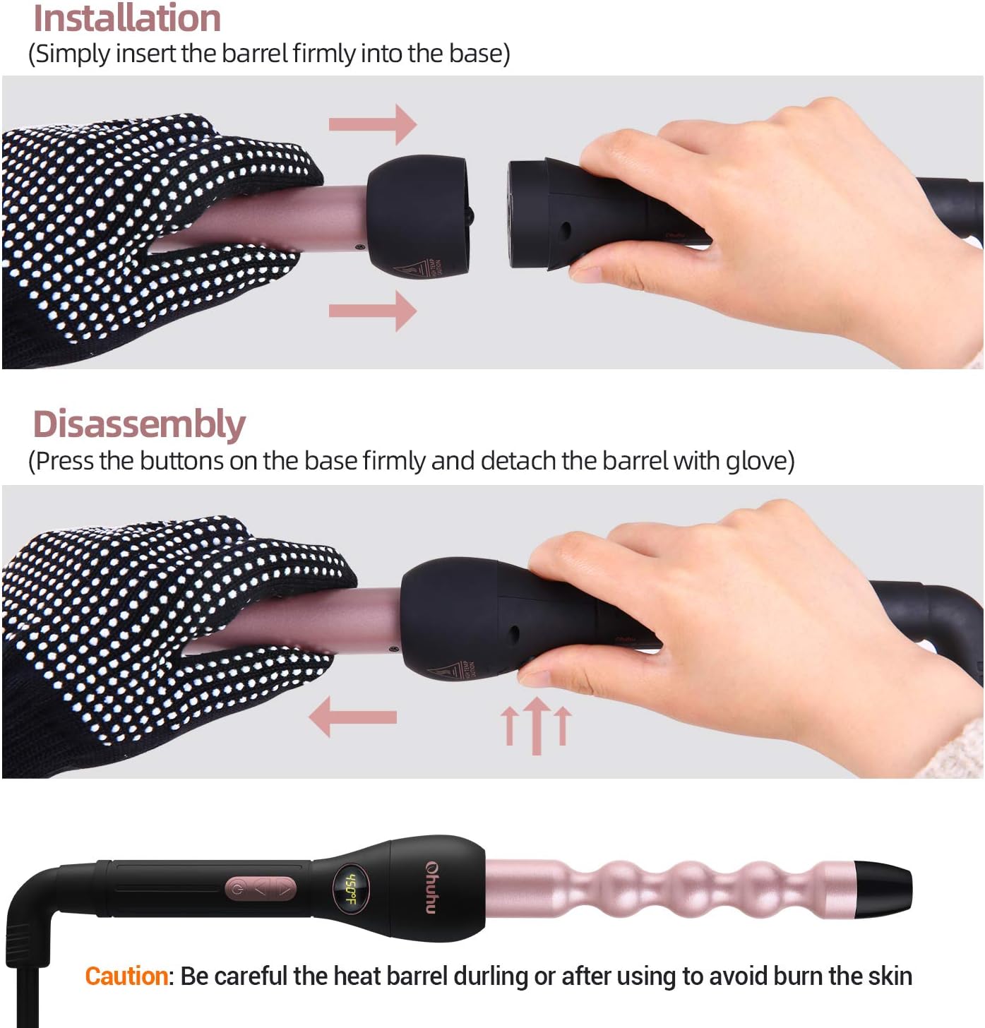 5 in 1 Curling Wand Set: Ohuhu Curling Iron Wand LCD Temperature Display 5Pcs 0.35 to 1.25 Inch Interchangeable Ceramic Barrel Heat Protective Glove for Girls Women Mother Gift Rose Gold