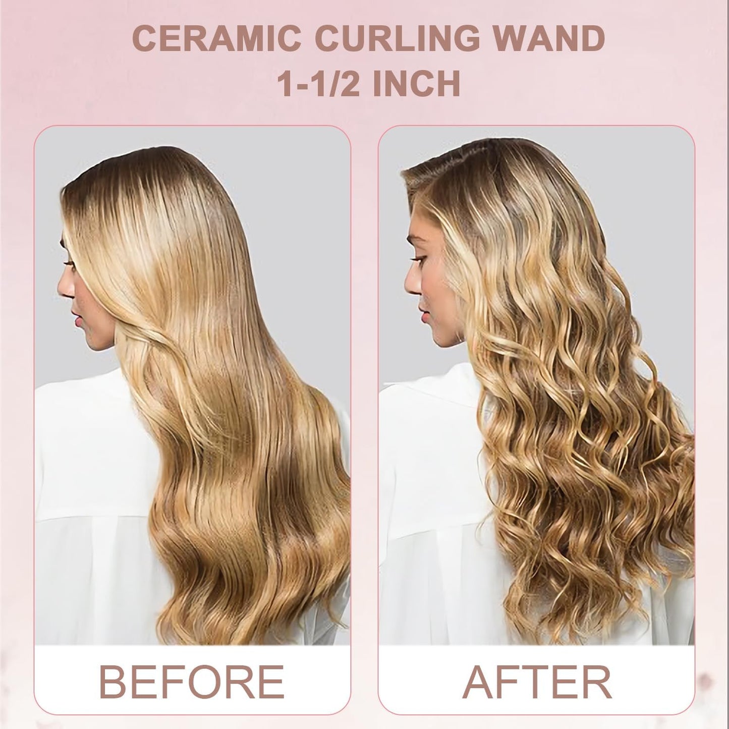 Hair Curling Wand, 1/2-1 Inch Tapered Curling Iron, Professional Ceramic Hair Curler Wand for Long & Short Hair, Curling Iron with 2 Temperature, Include Heat Protective Glove-Pink