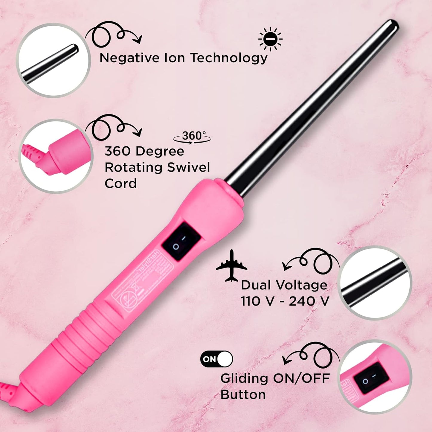 Herstyler Baby Curls Small Curling Wand - Mini Curling Iron - 1/2 to 3/4 Tapered - Small Barrel - Skinny - Pink