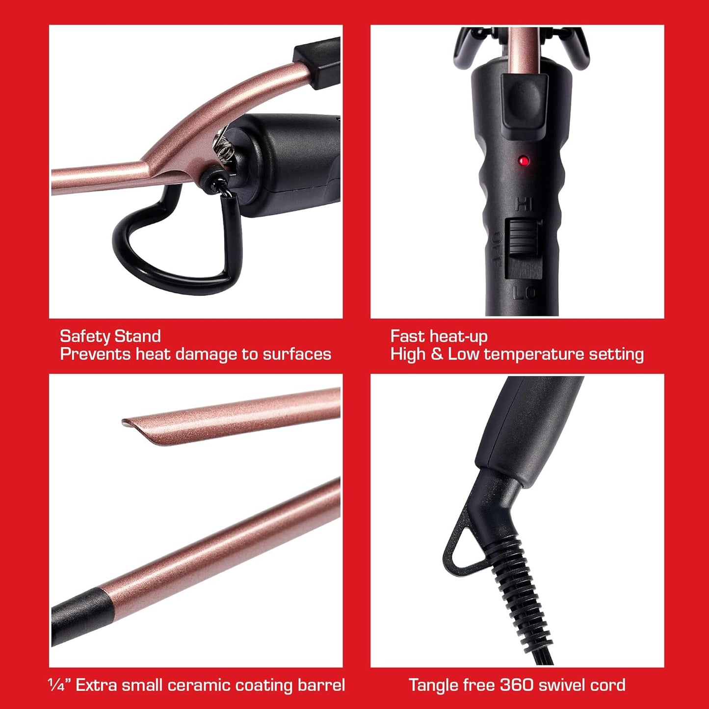 Red by Kiss 1/4 Inch Thin Curling Iron, Pencil Curling Iron, Extra Small Ceramic Coating Barrel, Skinny Curling Iron Wand for Long & Short Hair