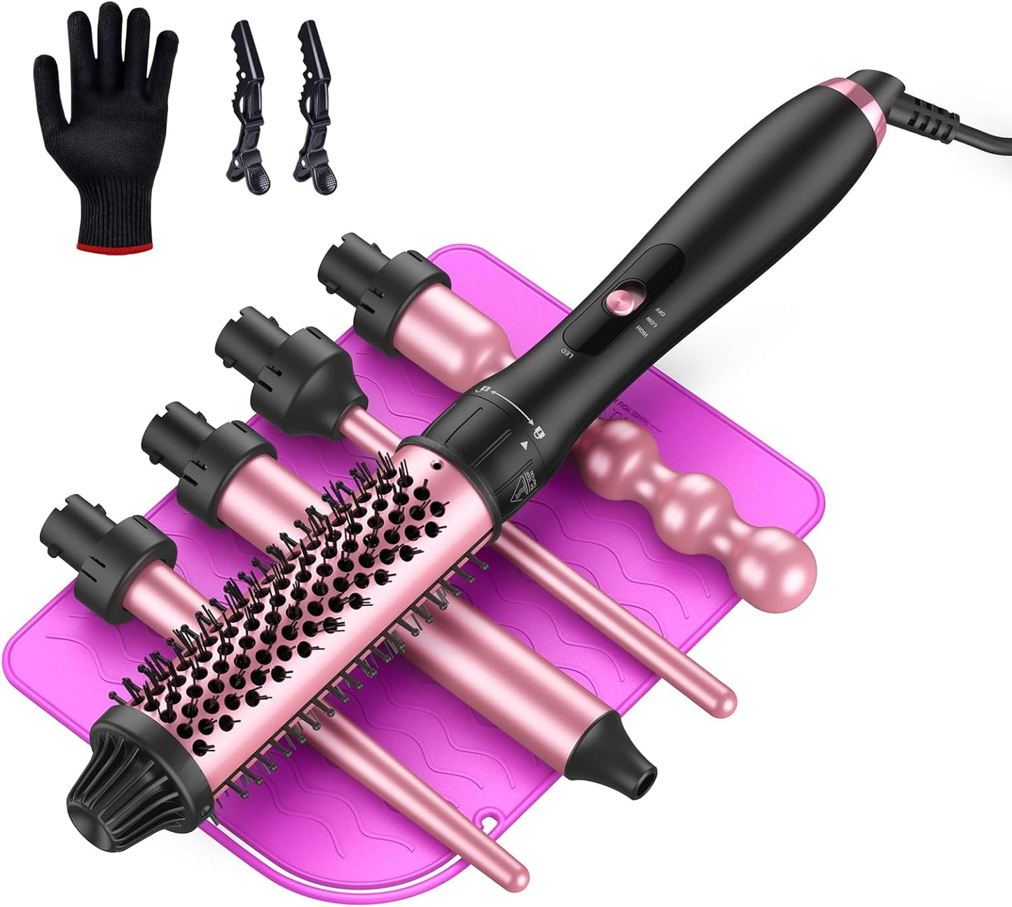 LANDOT 5-in-1 Curling Iron Wand Set: Hair Curler Set with Curling Thermal Brush 1-1/2 inch and 4 Interchangeable Ceramic Curling Wand (0.35”-1.25”) - Instant Heat Up Long Lasting Curls