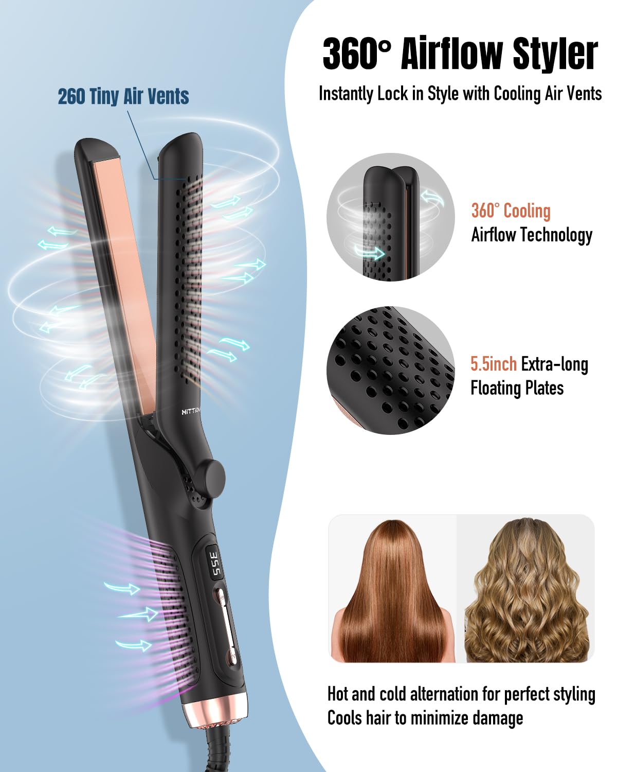 360° Airflow Styler Curling Iron - 1.25 Inch Hair Straightener and Curler 2 in 1 with Vented Cool Air to Lock in Style, Extra Long Flat Iron Curling Wand, 5 Temps & Dual Voltage for Travel