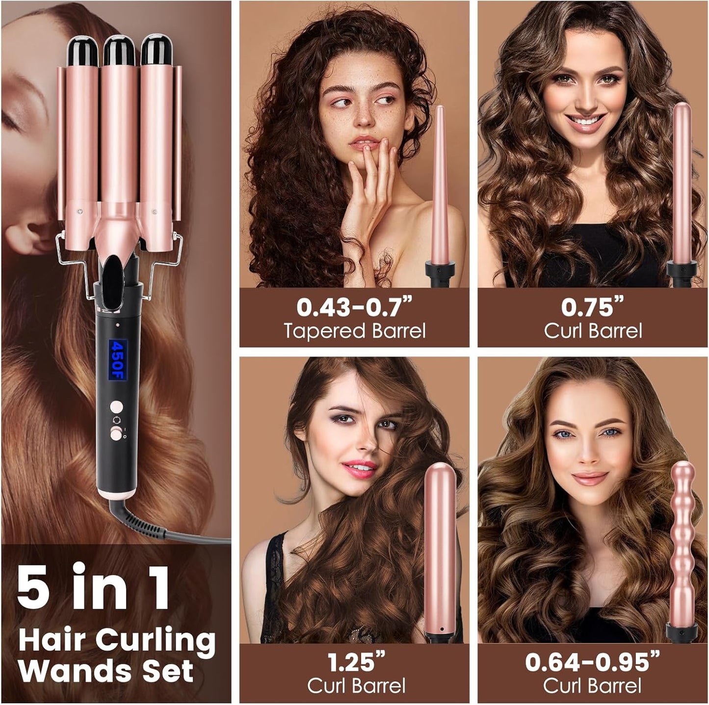 Bo'laiya 5 in 1 Curling Wand Set with Temperature Display, Curling Iron Set with 5 Interchangeable Ceramic Curling Wands, Instant Heat Up, Suitable for All Hair Types (Rose Gold)