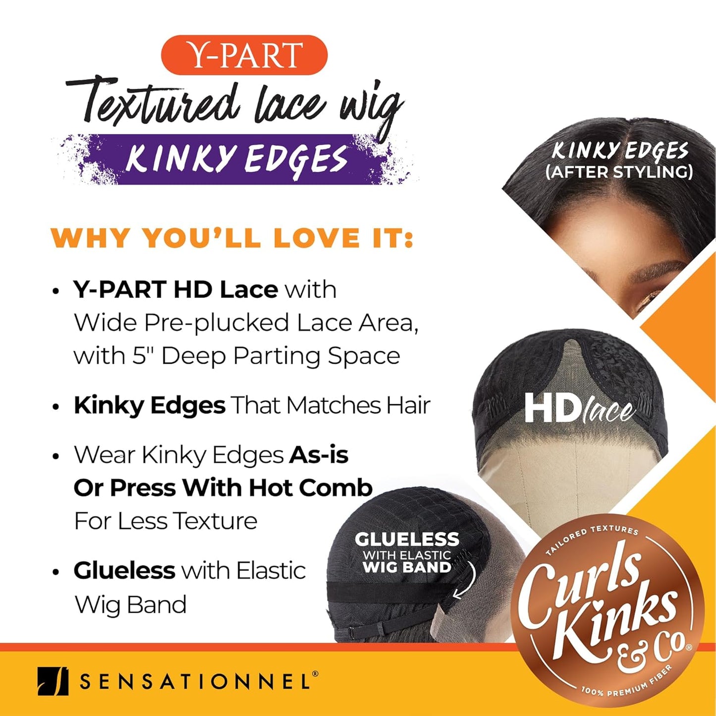 Sensationnel Curls Kinksandco Kinkyedges Wig - Kinky Wand Curl 20 Inch Y Part Lace Natural Kinkytexture Edged Hairline for Natural 3C to 4C Hair Textures (1 JETBLACK)