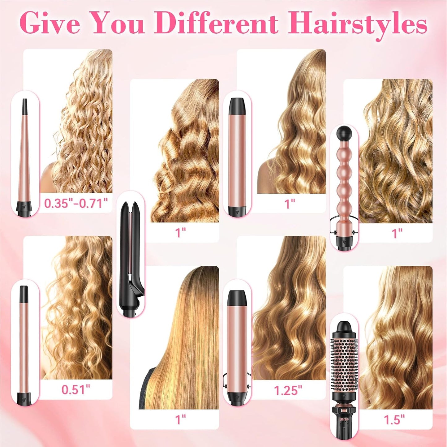 Ufree 7-in-1 Curling Iron Set with Interchangeable Ceramic Barrels, Curling Wand Set with Thermal Brush, Hair Straightener and Wand Curling Iron, Versatile Styling Hair Curlers Set, Gifts for Women