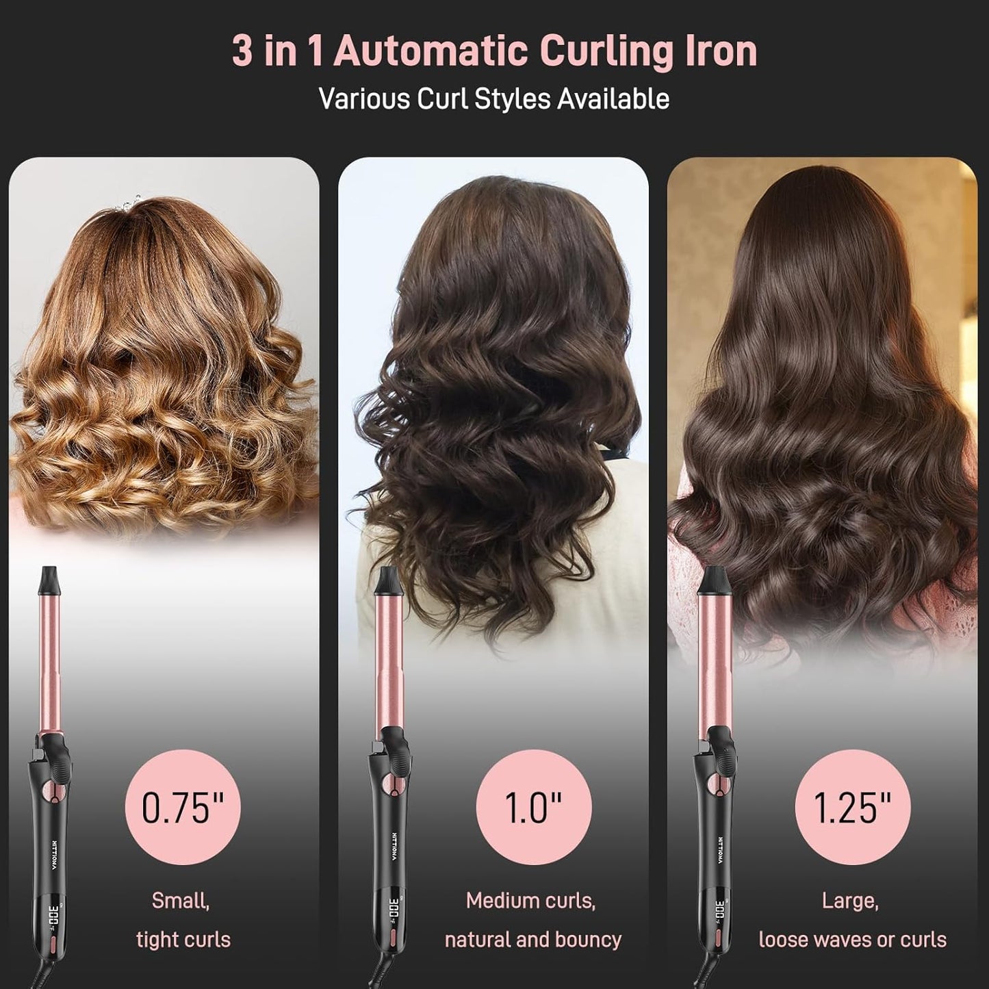 Rotating Curling Iron - 3 in1 Automatic Curling Iron with Interchangeable CurlingWand, 3/4, 1 1/4, 1 Inch CurlingIron for Lasting Beach Waves, Adjustable Temp, Instant Heat, Dual Voltage (Rose Gold)