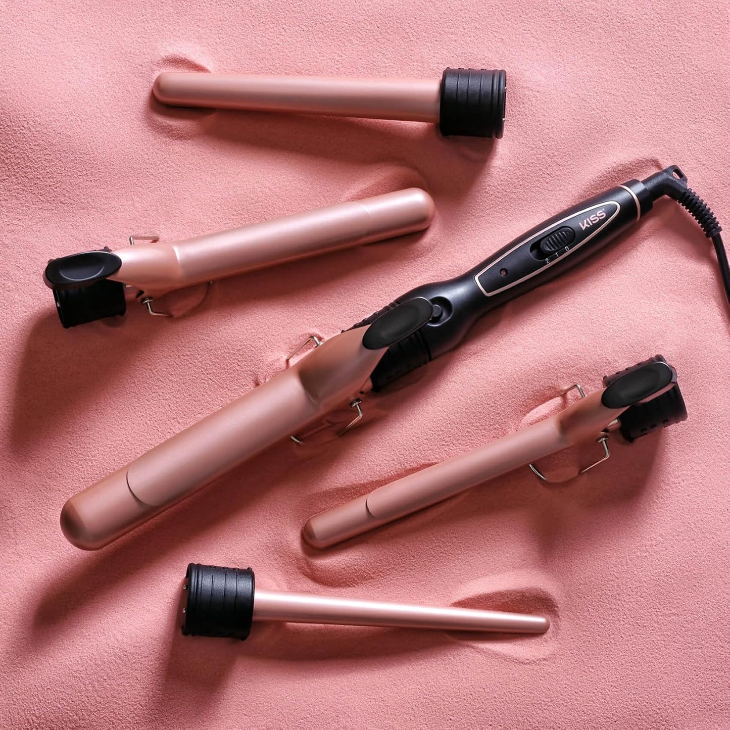 KISS 5-in-1 Curling Iron, Interchangeable Tourmaline Ceramic Curling Wand Set with 3 Styling Clips & 2 Wands, 2 Heat Settings, Heat Resistant Glove, 110/120V