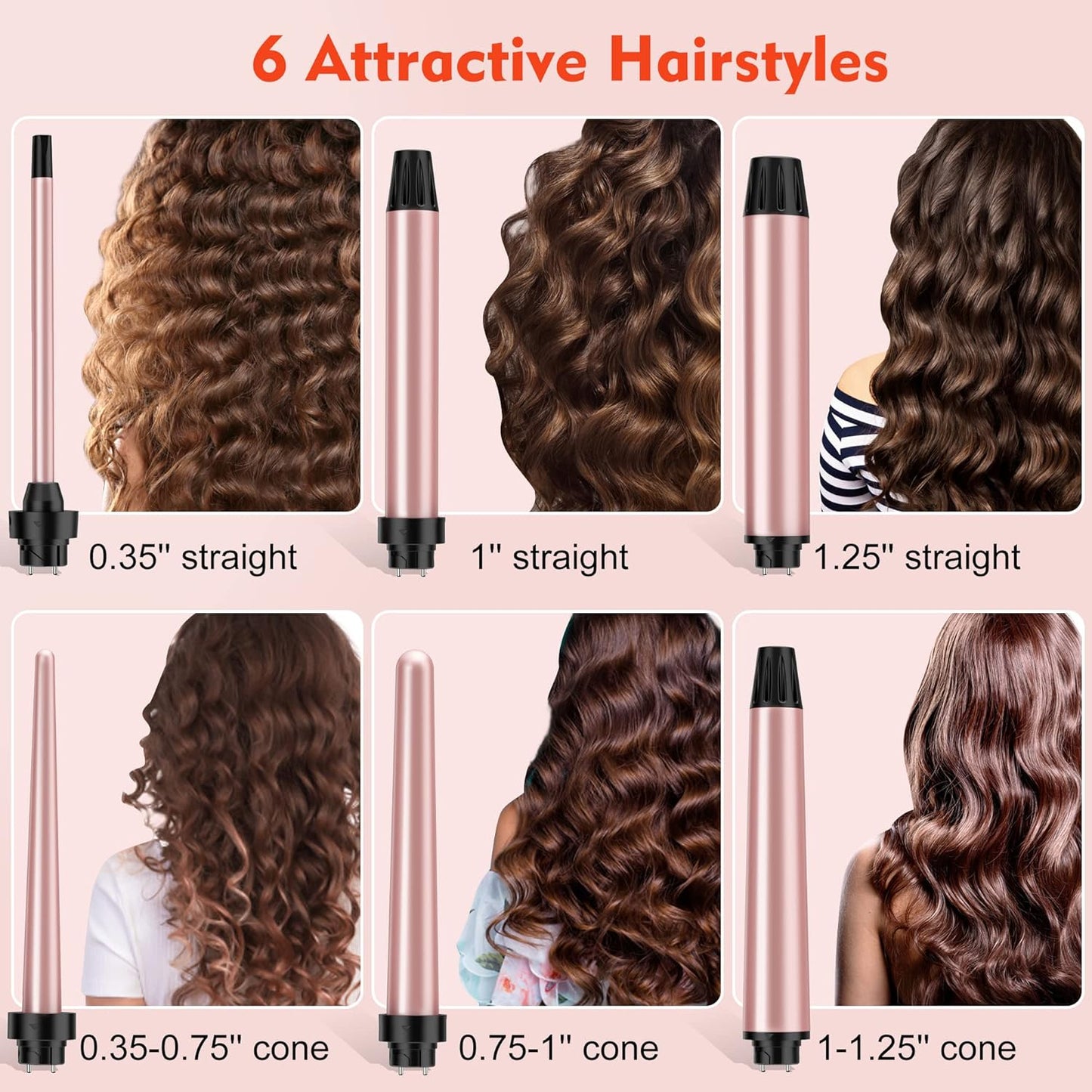 Curling Iron Set, USHOW 6 in 1 Curling Wand Set Hair Iron Kit Instant Heat Up Hair Curler with 6 Interchangeable Tourmaline Ceramic Barrels (0.35'' to 1.25'') Temperature Adjustments, with Gloves