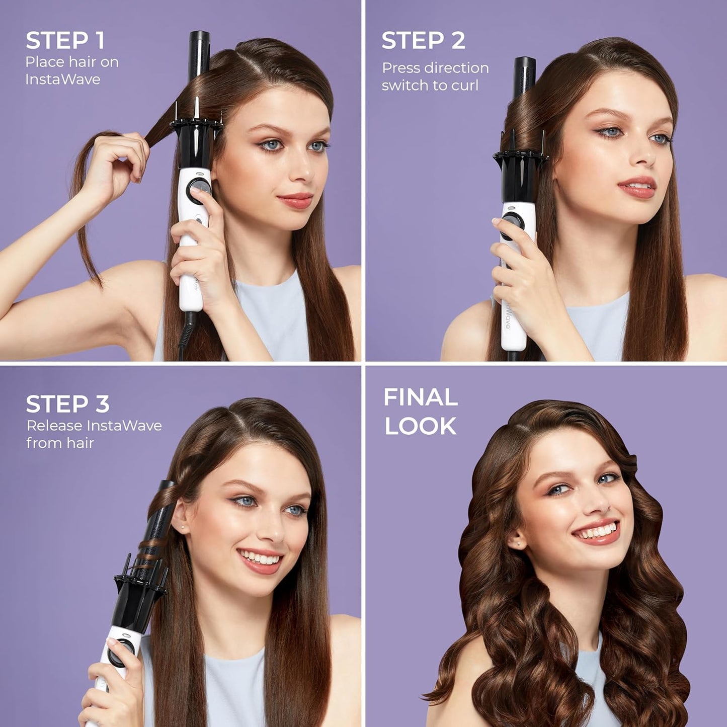KISS Instawave Deluxe Automatic Rotating Curling Iron, Ceramic Ionic Technology, Tangle Prevention, 2-Way Rotation, Dual Heat Settings up to 420°F, 1” Curling Wand, 2-Year Warranty - Black & White