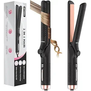 360° Airflow Styler Curling Iron - 1.25 Inch Hair Straightener and Curler 2 in 1 with Vented Cool Air to Lock in Style, Extra Long Flat Iron Curling Wand, 5 Temps & Dual Voltage for Travel