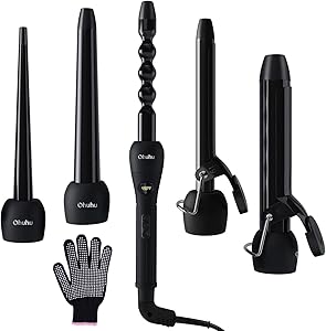 5 in 1 Curling Wand Set: Ohuhu Curling Iron Wand LCD Temperature Display 5Pcs 0.35 to 1.25 Inch Interchangeable Ceramic Barrel Heat Protective Glove for Girls Women Mother Gift Black