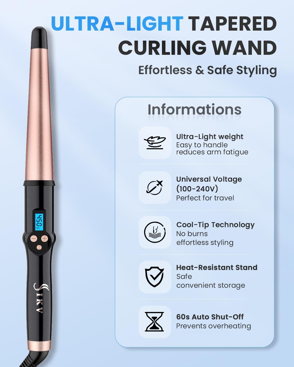 Dual Voltage Tapered Curling Wand for Long Hair,Ceramic Hair Wand Curling Iron 1 ¼-inch to 3/4-inch Beachy Waves,Hair Curler with LCD Display 225-450℉ | Glove Include